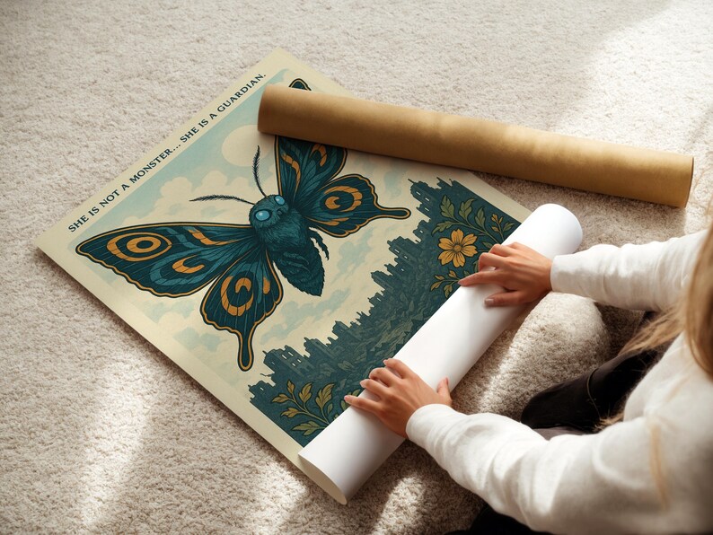 May include: A poster featuring a large teal and gold butterfly illustration with the text "SHE IS NOT A MONSTER... SHE IS A GUARDIAN." The poster is rolled up with a brown tube and a white tube.