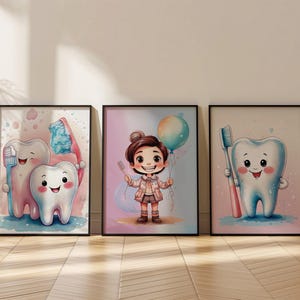 Kinderzahnheilkunde-Dekor, 3er-Set, digitaler Download, süßes Zahnplakat für pädiatrische Praxis, Kinderzahnheilkunde, Wandkunst, bunte Kunst