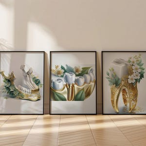 May include: Three framed illustrations of dental implants. The first image shows a jawbone with a dental implant. The second image shows a close-up of a dental implant with a crown. The third image shows a single tooth with a dental implant.