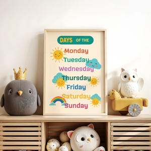 Póster de los días de la semana, lámina para el aula, decoración de pared para guardería, láminas para el hogar y la escuela, decoración de habitaciones infantiles, póster educativo para jardín de infancia, descarga digital.
