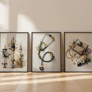 Nurse Office Decor,Set of 3,Digital Download,Floral Office Decor,Nurse Graduation Gift,Stethoscope, Syringe, Blood Pressure Monitor Prints
