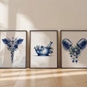 May include: Three framed watercolor illustrations of medical symbols. The first image is a caduceus with wings and flowers. The second image is a mortar and pestle with flowers. The third image is a pill capsule with blueberries spilling out.