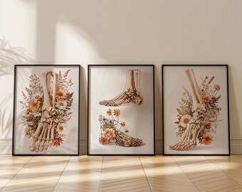 Set di 3 poster con anatomia del piede a fiori beige - Decorazione per ufficio di podologia (download digitale)
