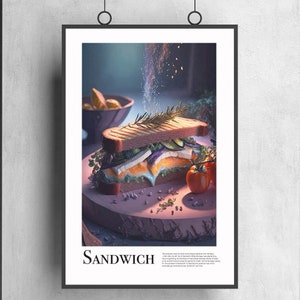 May include: A close-up of a gourmet sandwich with a variety of colorful ingredients, including eggplant, cheese, and greens. The sandwich is on a wooden cutting board with a sprig of rosemary and a few tomatoes. The image has a vintage, artistic feel.