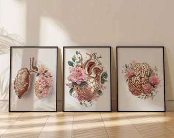 Rose Gold Anatomy Print Set of 3: Anatomical Brain,Heart,Lungs ( Digital Download )