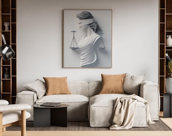 Può includere: Un divano bianco con due cuscini marroni e una coperta bianca. Un tavolino da caffè nero si trova davanti al divano. Una stampa incorniciata di una scultura bianca di una donna con benda sugli occhi e bilancia è appesa al muro dietro il divano. Due librerie in legno fiancheggiano il divano.