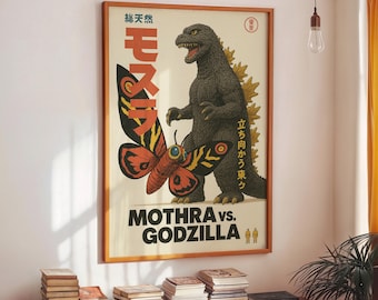 Vintage Japanese Movie Poster, Sci Fi Wall Art,Dinosaur and Butterfly Print (Digital Download)