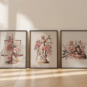 Decoración de oficina de abogados, juego de 3 bufetes jurídicos, descarga digital, decoración de oficina de juzgado, arte de pared legal, balanza de justicia, carteles de mazo y Lady Justice