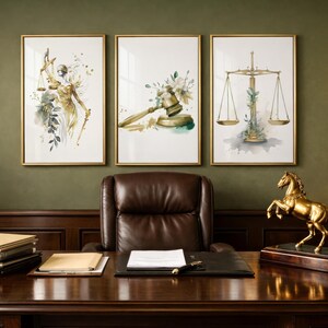 Gold Floral Lawyer Office Decor Set of 3: Lady Justice, Gavel, Scales (Digital Download)