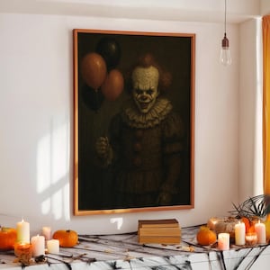 邪悪なピエロのハロウィンポスター、ホラー映画のキャラクタープリント、ダークアカデミアアート、デジタルダウンロード