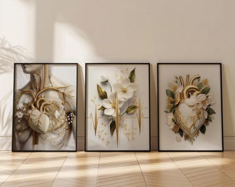 White Cardiology Office Decor Set of 3 : Floral EKG,Anatomical Heart Print (Digital Download)