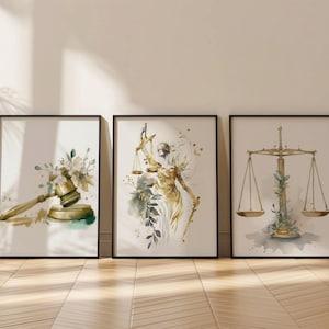 Set di 3 poster per studio legale, regalo per avvocato, regalo di laurea in giurisprudenza, set di arte minimalista sulla giustizia, Lady Justice, martelletto e bilancia della giustizia, arte murale