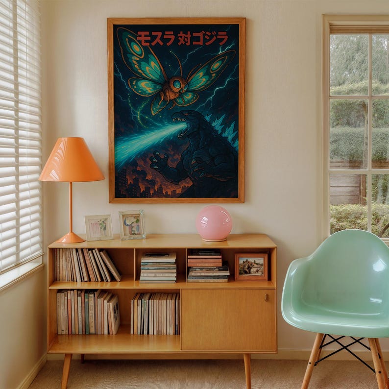 Op de afbeelding: Een ingelijste poster met een gevechtssc&egrave;ne tussen een gigantische mot en Godzilla, met Japanse tekst. Het kunstwerk staat tegen een donkere achtergrond met bliksem en een stadssilhouet. De kamer bevat ook een houten kast, een lamp en een stoel.