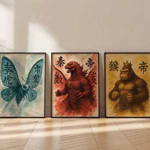 Godzilla Universe Poster Set of 3,Movie Poster,Gift for Anime Lovers,Game Room Decor,Japanese Art Print,Mothra,King Kong,DIGITAL DOWNLOAD