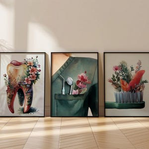 Tandartspraktijk decor set van 3 print, digitale download, aquarel print, mondhygiënist, tandarts medische kunst, tandverzorging, tandenborstel, tandheelkundig hulpmiddel