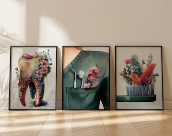 Dental Office Decor Set of 3 Print,Digital Download,Watercolor Print,Dental Hygienist,Dentist Medical Art,Dental Care,Toothbrush,Dental Tool