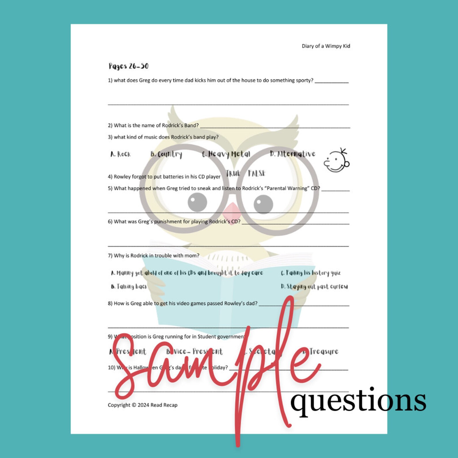 Diary of a Wimpy Kid Book 2 Rodrick Rules Worksheets - Etsy
