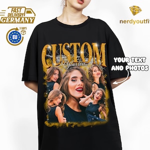 Könnte beinhalten: Schwarzes Oversize-T-Shirt mit einem goldenen Glitzer-Design "CUSTOM" und einer Fotocollage. Der Text "Your text" ist im Design enthalten. Der Text "YOUR TEXT AND PHOTOS" ist ebenfalls im Design enthalten.