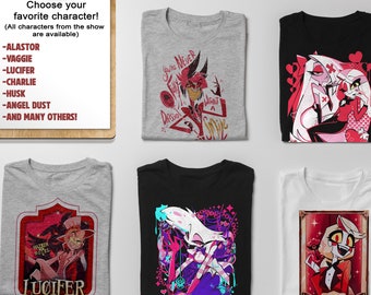 aangepast karakter hotel t-shirt, alastor, charlie, vaggie, engel stof, schil, lucifer, vox, anime shirt, t-shirt, cadeau, aangepaste t-shirt