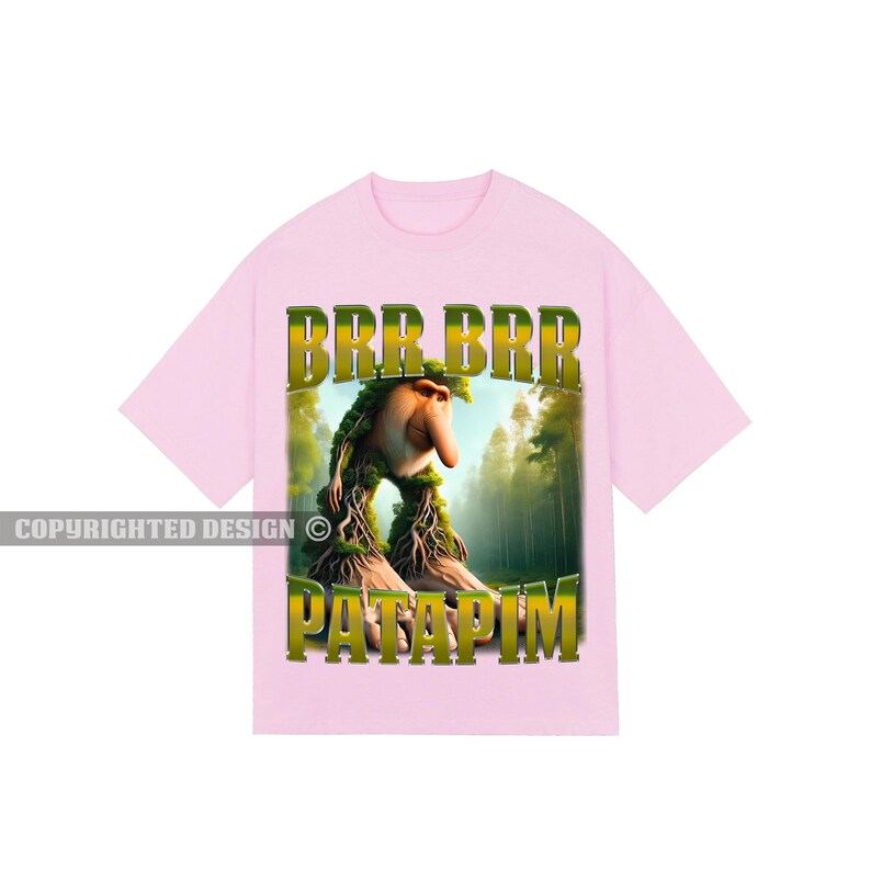 May include: Pink t-shirt featuring a cartoon creature with a long nose and green vines. The text "BRR BRR PATAPIM" is printed in gold on the shirt.