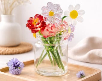Personalized Birth Month Glass Flower Bouquet, Newborn Gift, Handmade Glass Vase Decor for New Mom, glass flower bouquet birthday