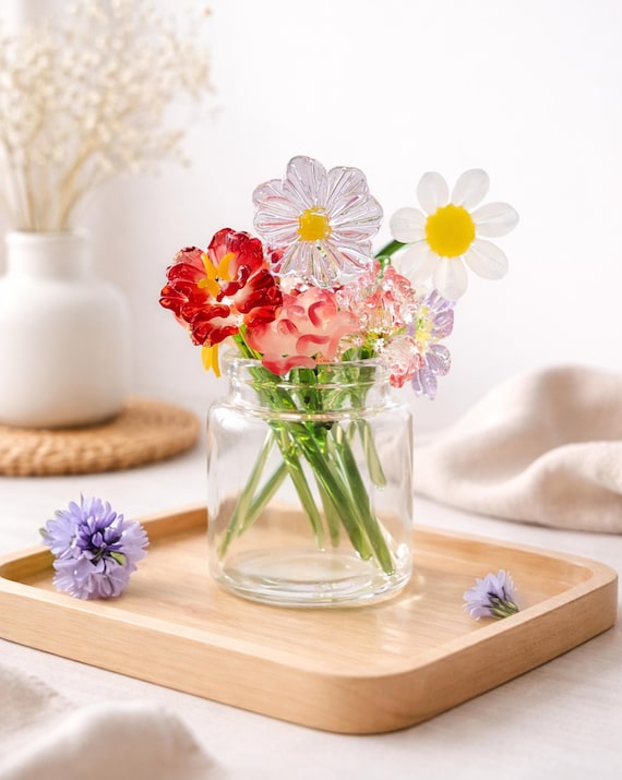 Personalized Birth Month Glass Flower Bouquet, Newborn Gift, Handmade Glass Vase Decor for New Mom, glass flower bouquet birthday