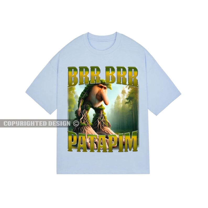May include: A light blue t-shirt featuring a cartoon creature with a long nose and green hair, standing in a forest. The text "BRR BRR PATAPIM" is printed in yellow and green lettering on the shirt.