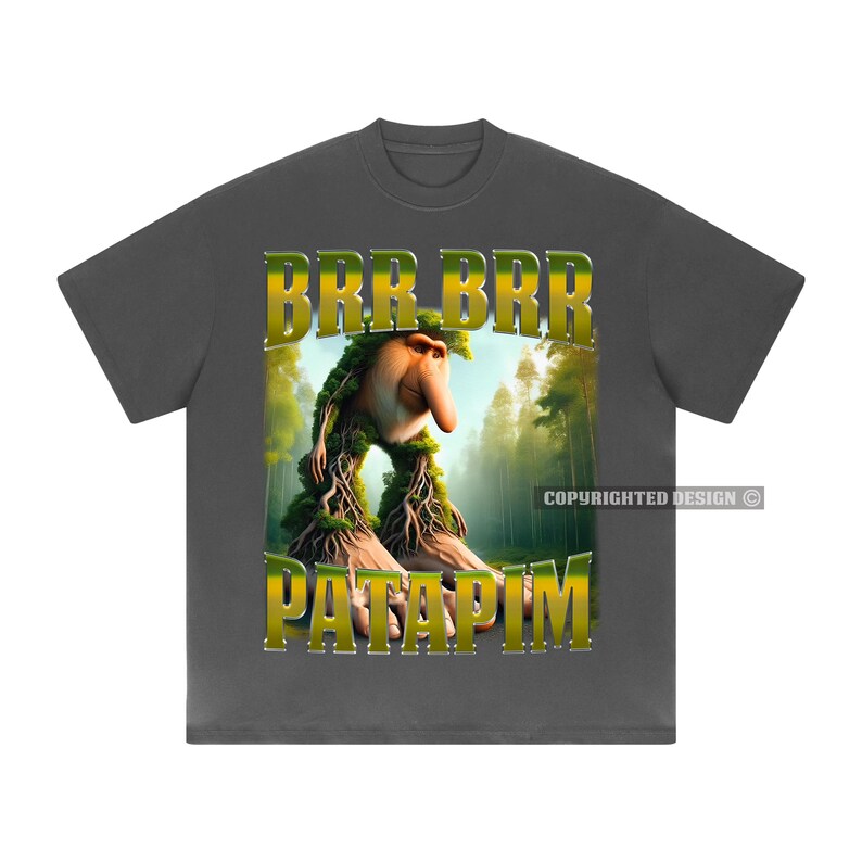 May include: A dark grey t-shirt with a green, brown and yellow graphic print of a creature with a long nose and the text "BRR BRR PATAPIM".