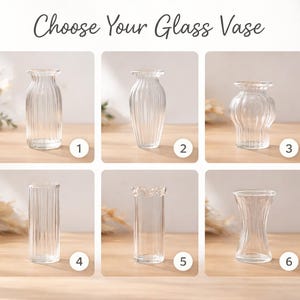 May include: Six clear glass vases are displayed, each with a distinct design. The text "Choose Your Glass Vase" is at the top. The vases have different shapes, including ribbed, rounded, and flared styles. Each vase is numbered for selection.