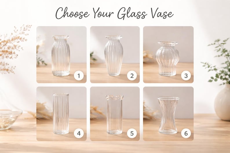 May include: Six clear glass vases are displayed, each with a distinct design. The text "Choose Your Glass Vase" is at the top. The vases have different shapes, including ribbed, rounded, and flared styles. Each vase is numbered for selection.