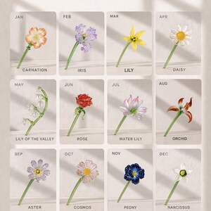 May include: A grid of twelve images showcasing birth flowers for each month. The flowers are carnation, iris, lily, daisy, lily of the valley, rose, water lily, orchid, aster, cosmos, peony, and narcissus. Text at the top reads "Choose Your Birth Flower".