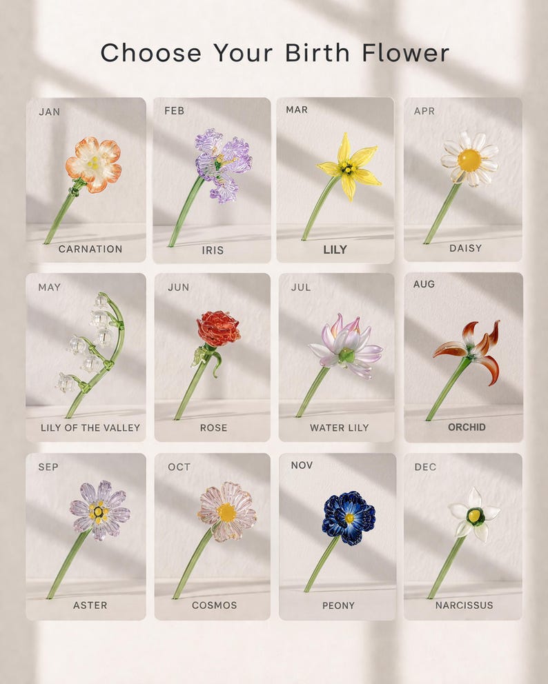 May include: A grid of twelve images showcasing birth flowers for each month. The flowers are carnation, iris, lily, daisy, lily of the valley, rose, water lily, orchid, aster, cosmos, peony, and narcissus. Text at the top reads "Choose Your Birth Flower".
