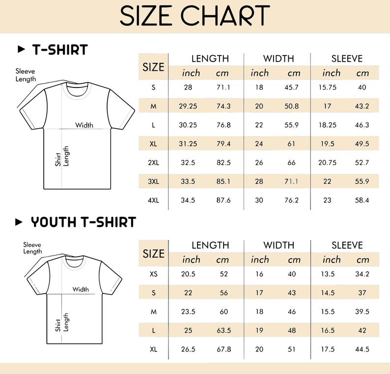 Puede incluir: Tabla de tallas para camisetas y camisetas para ni&ntilde;os. La tabla muestra las medidas en pulgadas y cent&iacute;metros para diferentes tallas, incluyendo la longitud de la manga, la longitud de la camiseta y el ancho.