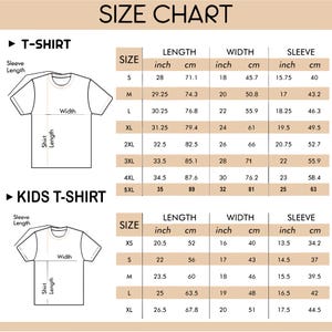 May include: Size chart for t-shirts and kids' t-shirts. The chart shows the size, length in inches and centimetres, width in inches and centimetres, and sleeve length in inches and centimetres.