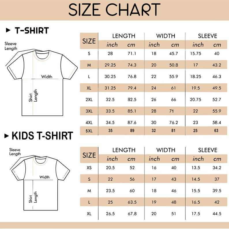 May include: Size chart for t-shirts and kids' t-shirts. The chart shows the size, length in inches and centimetres, width in inches and centimetres, and sleeve length in inches and centimetres.