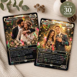 May include: Two "Devoted Lovers" trading cards with wedding photos. The cards have a black border with gold accents and text. The cards include the text "Legendary Couple - Human" and a quote. A green circular graphic says "Preview in 30 minutes."
