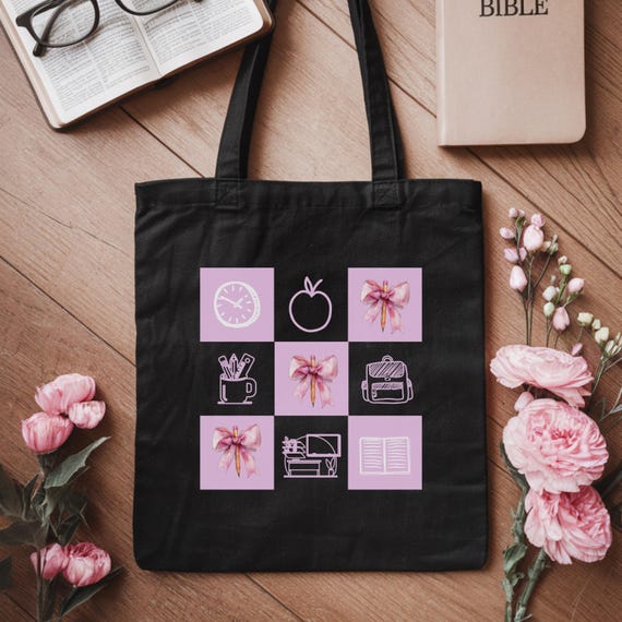 Coquette Teacher Tote Bag, Black Cotton Tote Bag, Stylish Educator