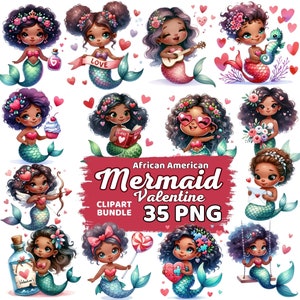 Watercolor Cute African American Mermaid Valentines Clipart Png, Nursery Girl Valentine&#39;s Day Sublimation, Kawaii Mermaid Clipart Bundle
