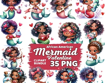 Watercolor Cute African American Mermaid Valentines Clipart Png, Nursery Girl Valentine's Day Sublimation, Kawaii Mermaid Clipart Bundle