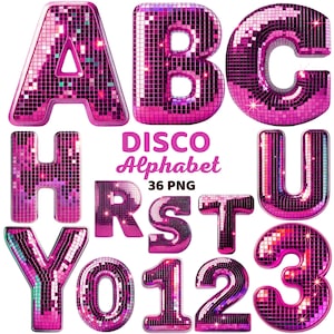 Puede incluir: Una colección de letras y números del alfabeto disco rosa, incluyendo A, B, C, H, R, S, T, U, Y, 0, 1, 2 y 3. Cada letra y número está cubierto de pequeños cuadrados reflectantes. Las palabras "DISCO Alphabet" también están en la imagen.