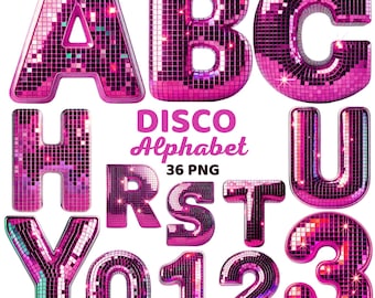 Retro Disco Alphabet Clipart, Pink Shiny Mirror Ball Letters & Numbers, Colorful 80s 70s Party Funky Lettering Png