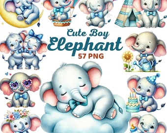 Cute Boy Elephant Clipart, Watercolor Blue Safari Jungle Baby Animal Nursery Decor, Elephant Sleep on Moon Cloud Birthday Baby Shower Png