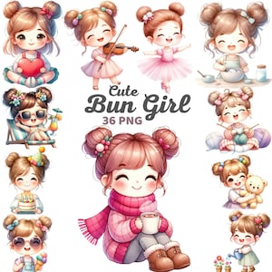 Lindo Bun Girl Clipart, Acuarela Kawaii Girl Personajes Guardería, Actividad de niña de dibujos animados, Paquete de baby shower de cumpleaños para niños Png