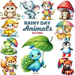 Rainy Day Animal Clipart, Watercolor Cute Spring Animals in Raincoats, Umbrella Woodland Jungle Animal, Kids Rainy Day Nursery Decor Png