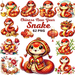Chinese New Year Snake Clipart, Watercolor Red Gold Snake, HNY 2025, Lunar New Year, Cute Chinese Zodiac, Asian Festival Nursery Decor Png