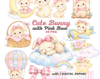 May include: Watercolor illustrations of cute bunnies with pink bows in various poses, including on a swing, in a basket, and on a cloud. The image includes a hot air balloon, a rainbow, and the text "Cute Bunny with Pink Bow".