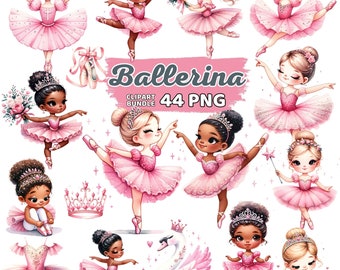 Watercolor Cute Pink Ballerina Clipart, Ballet Girl Swan Nursery Sublimation, African American Ballerina Princess Tutu Birthday Bundle Png