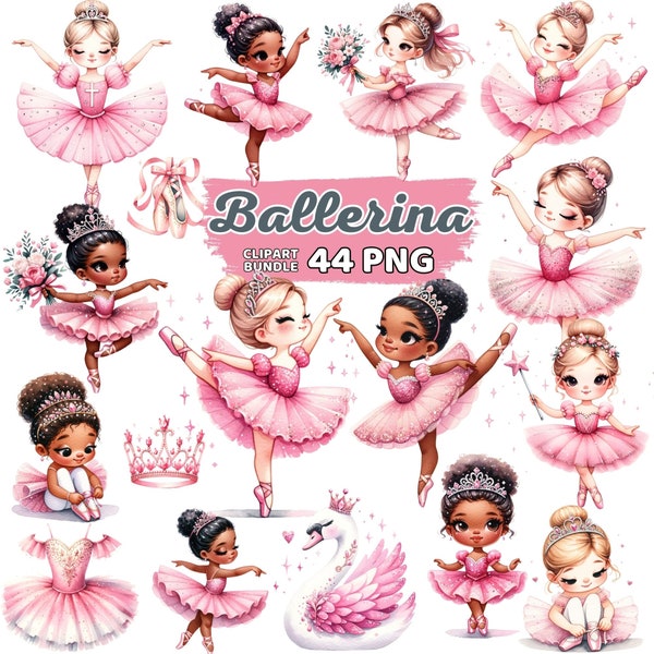 Watercolor Cute Pink Ballerina Clipart, Ballet Girl Swan Nursery Sublimation, African American Ballerina Princess Tutu Birthday Bundle Png