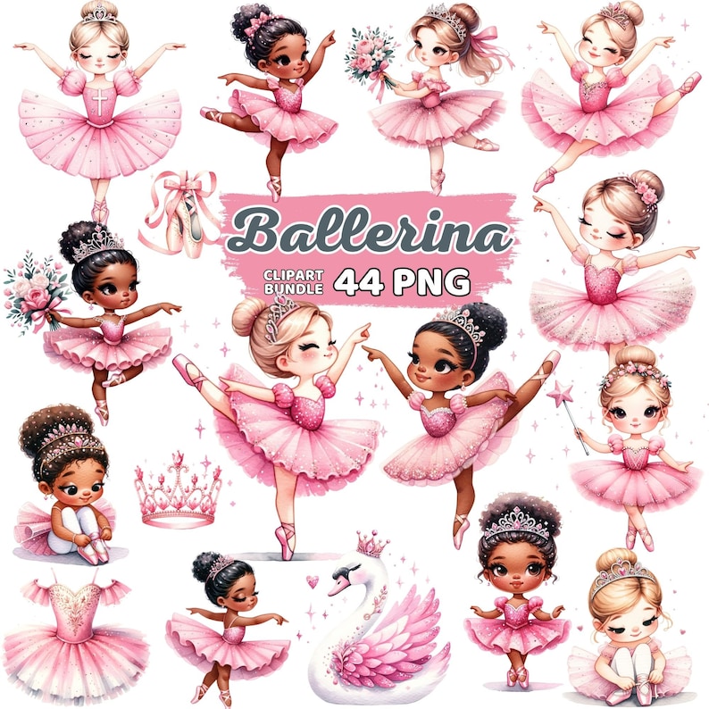 Op de afbeelding: Een set van 44 digitale clipart-afbeeldingen met ballerina-meisjes met roze tutu's, kronen en andere accessoires. De afbeeldingen zijn perfect voor knutselen, scrapbooking en andere creatieve projecten.
