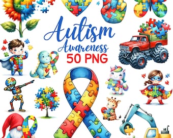 Watercolor Cute Autism Awareness Clipart, Autism Puzzle Sunflower Gnome, Heart, Monster Truck, Excavator, Superhero, T-rex Ribbon Jigsaw Png